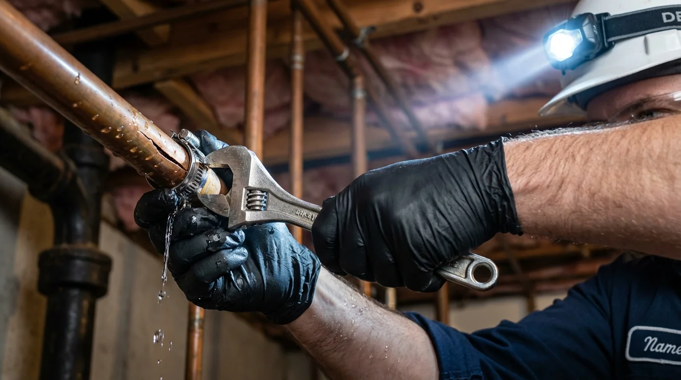 Emergency pipe clamp repair being performed by a Johns Plumbing LLC plumber in Temple Hills