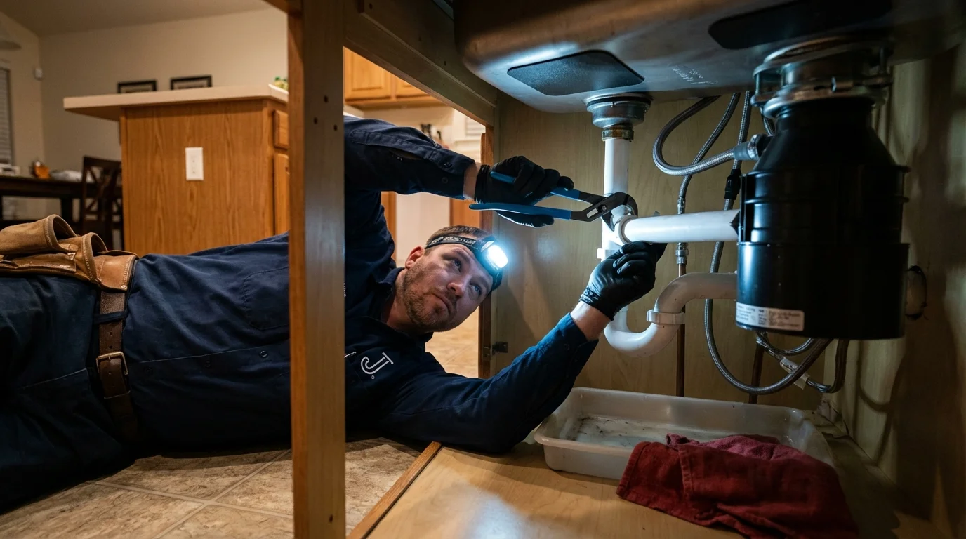 P-trap and supply line connections under a kitchen sink showing a common leak point in Temple Hills, MD